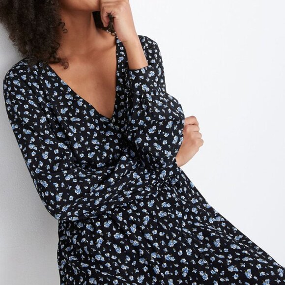 Madewell Long Sleeve Button Front Midi Dress 2 Baby's Breath  Black Blue Floral - Picture 2 of 15